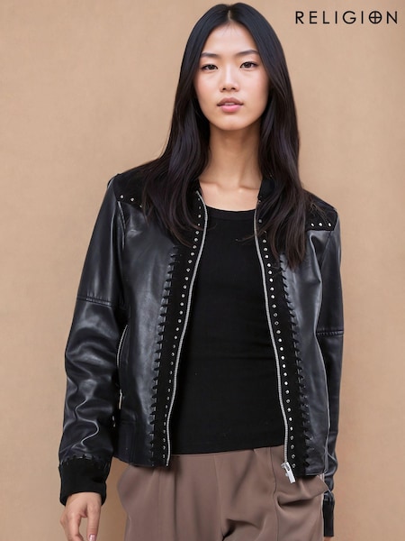 Religion Nova Leather Suede Bomber Jacket With Heavily Studded And Embroidered (AJ3662) | €465