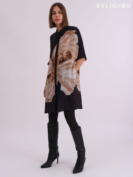 Religion Natural Oversized Twist Tunic Dress with Large Leopard Leaf Print (AJ3663) | €126