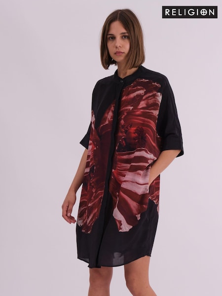 Religion Red Oversized Twist Tunic Dress with Large Leopard Leaf Print (AJ3668) | €126