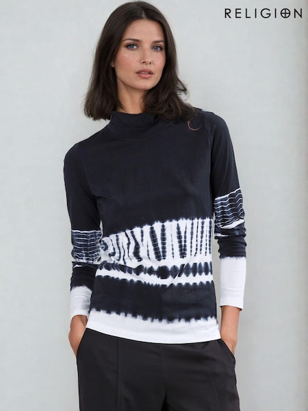 Religion Black Shade Long Sleeve Polo Top In Hand Tie Dye Stripe (AJ3669) | €44