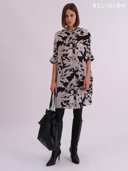 Religion Black/white Oversized Twist Tunic Dress with Large Leopard Leaf Print (AJ3679) | €102