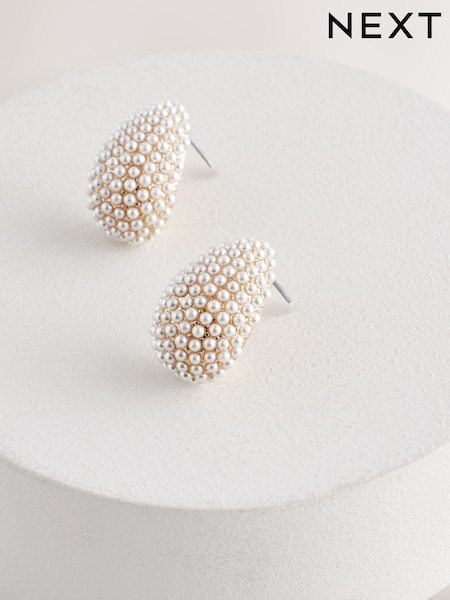 לבן - Pearl Effect Bridal Teardrop Stud Earrings (AJ4077) | ‏50‏₪