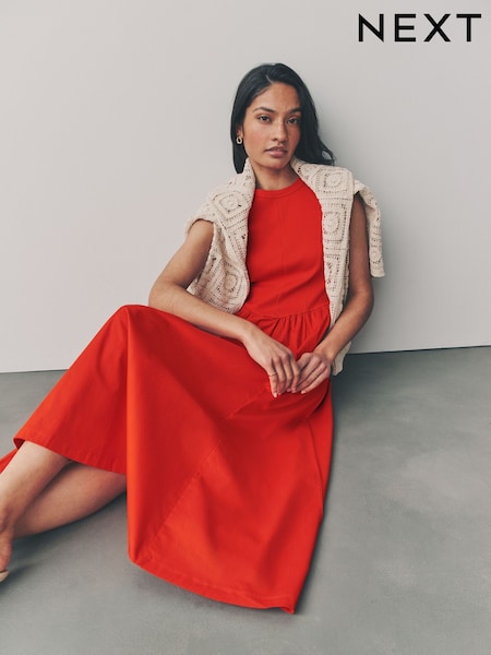 Czerwony - Woven Jersey Mix Sleeveless Racer Ribbed Midi Dress (AJ4217) | 190 zł