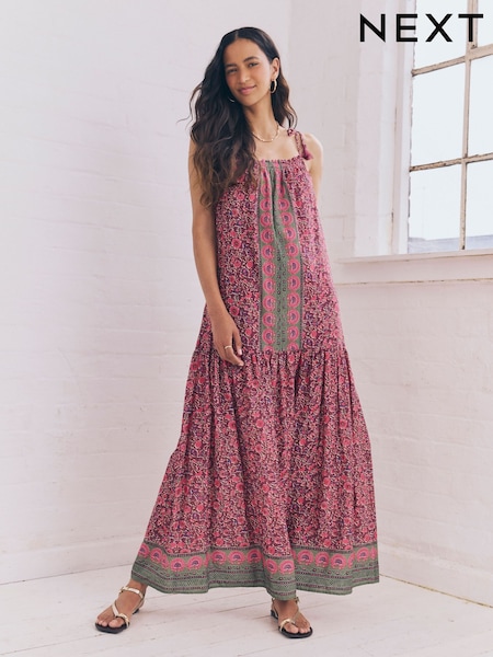 Purple/Pink Ditsy Floral Strappy Drop Waist Tiered Maxi Dress (AJ4227) | €54