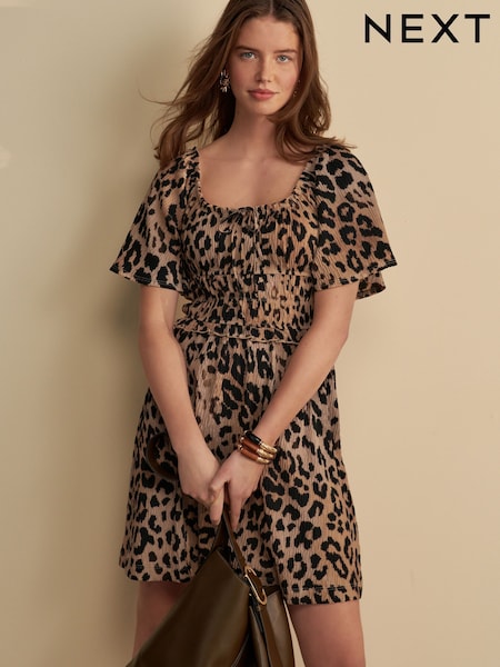 Leopard Printti; kuvio - Short Sleeve Tie Front Jersey Mini Dress (AJ4236) | €39