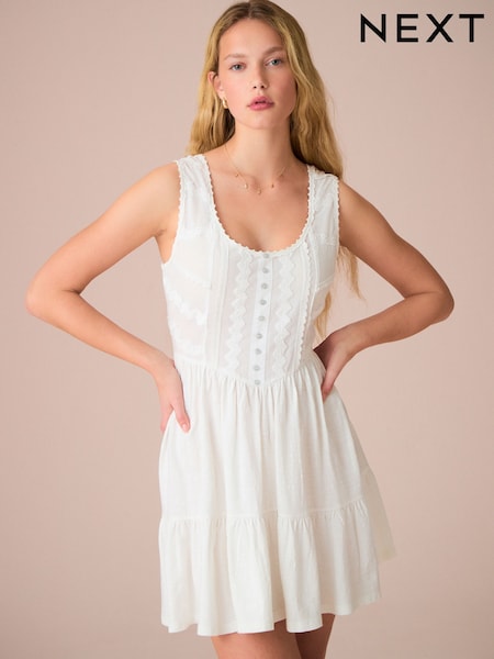 White Embroidery Corset Waist Mini 100% Cotton Dress (AJ4251) | €41