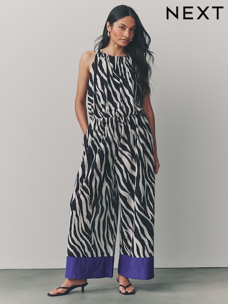 Ecru Zebra Sleeveless Wide Leg 100% Cotton Jumpsuit (AJ4254) | 162 QAR