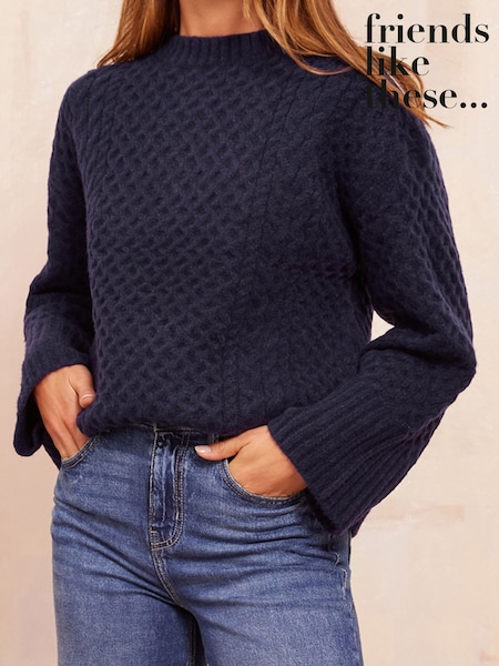 Bleumarin albastru - Friends Like These Statement Boxy Stitch Pulover (AJ4318) | 177 LEI