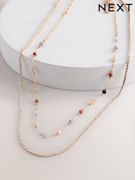 Gold Tone Two Layer Coloured Beaded Necklace (AJ4342) | €19