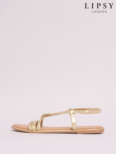 Lipsy Gold Standard Fit Leather Plait Weave Flat Sandals (AJ4345) | ₪171