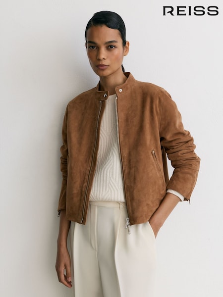 Ruskea konjakki - Reiss Erin Suede Stand-collar Jacket