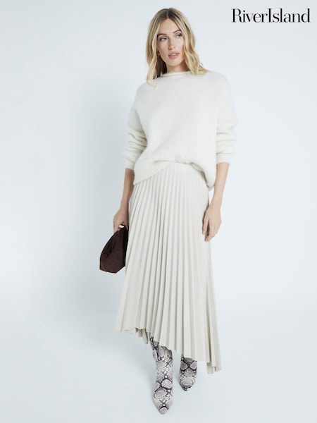 River Island Cream Faux Leather Pleated Midi Skirt (AJ4410) | €33