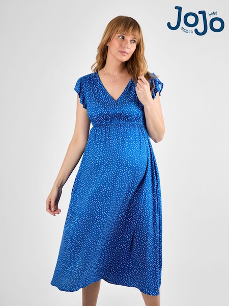 JoJo Maman Bébé Blue Spot Frill Sleeve Maternity Midi Dress (AJ4452) | €79