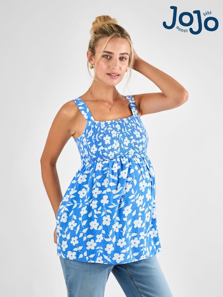JoJo Maman Bébé Blue Floral Shirred Maternity 100% Cotton Top (AJ4457) | kr514
