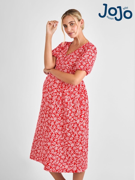 JoJo Maman Bébé Red Maternity Floral Midi 100% Cotton Dress (AJ4473) | €79