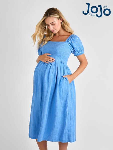 Blau - JoJo Maman Bébé Shirred Embroidered Maternity Midi Dress (AJ4479) | 79 €