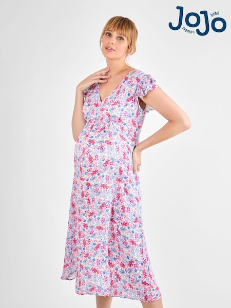JoJo Maman Bébé Cream Floral Frill Sleeve Maternity Midi Dress (AJ4490) | €83
