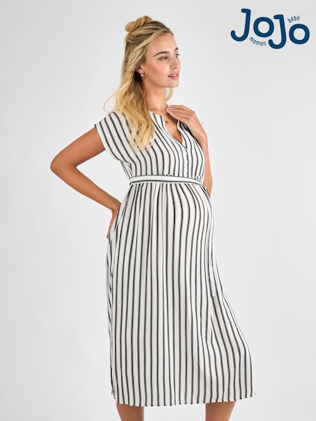 JoJo Maman Bébé Black Cream Stripe Button Front Maternity Midi Dress (AJ4529) | kr707