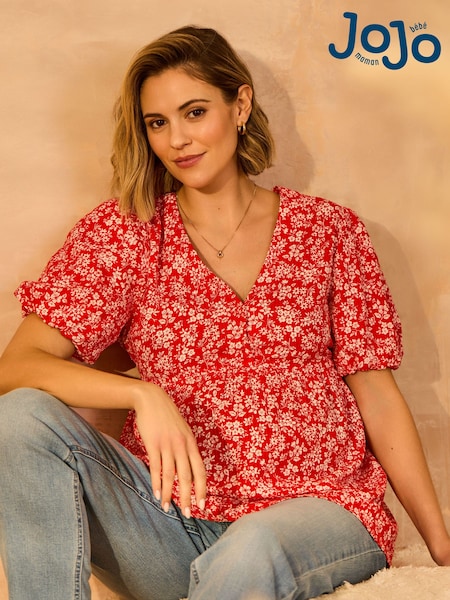 JoJo Maman Bébé Red Maternity Short Sleeve Seersucker 100% Cotton Blouse (AJ4532) | €57