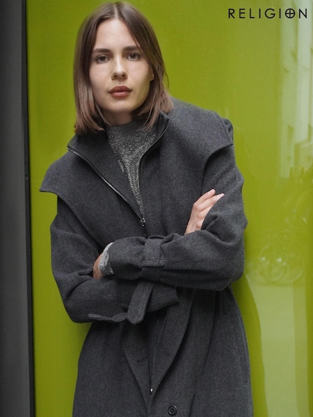 Religion Limit Wool Mix Belted Coat With Zip Up Funnel Collar And Draped Second Layer (AJ4624) | €214