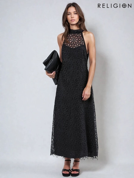 Religion Anna High Halter Neck Lace Maxi Dress with Tie Sash (AJ4631) | €146