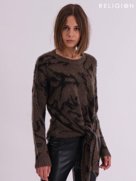 Negru ușoară - Religion Reverse Tie Front Jumper in Soft Wool Mix (AJ4632) | 495 LEI