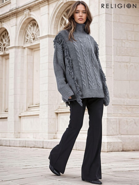 Religion Grey Oversized Jamie Roll Neck Jumper With Cables and Tassles (AJ4633) | €99