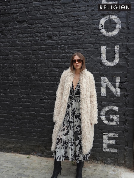 Religion Cream Long Haired Maxi Serenity Coat in Shaggy Soft Faux Fur (AJ4634) | ₪981
