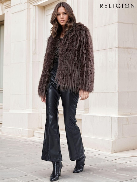 Religion Brown Long Haired Short Relax Fur Coat in Shaggy Soft Faux Fur (AJ4641) | 540 QAR