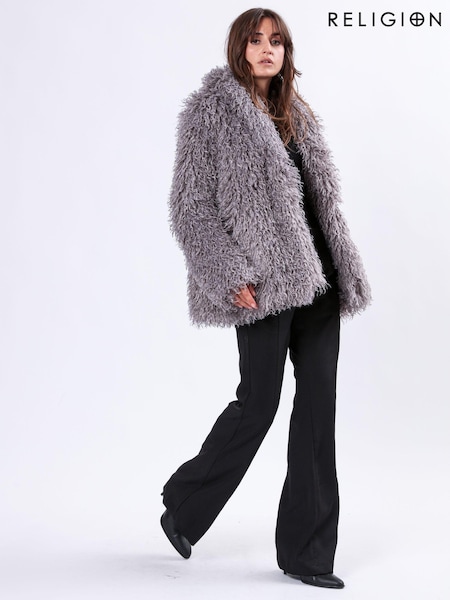 Religion Grey Long Haired Short Relax Fur Coat in Shaggy Soft Faux Fur (AJ4645) | €223