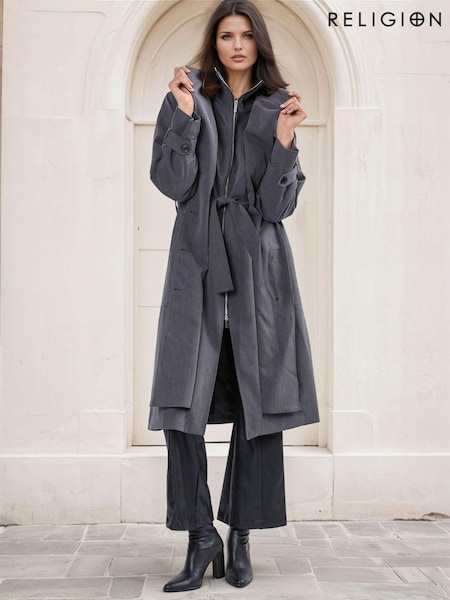 Harmaa - Religion Spirit Maxi Trench Coat With Draped Double Layer And Belt (AJ4653) | €252