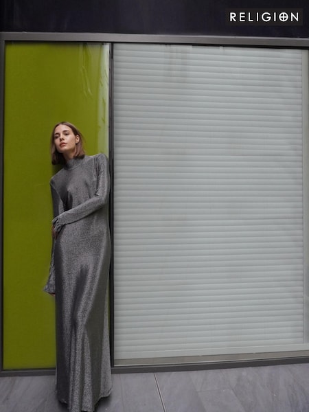 Religion Long Sleeved Tanzanite Maxi Dress In Slinky Metallic Thread With Frill Cuffs (AJ4654) | €49