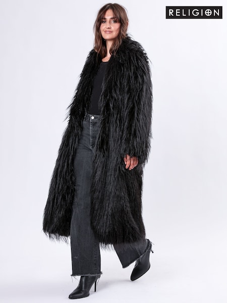 Religion Black Long Haired Maxi Serenity Coat in Shaggy Soft Faux Fur (AJ4657) | €279