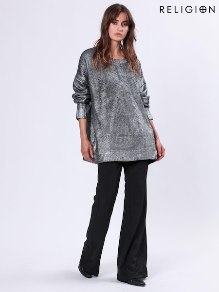 Religion Oversized Frame Jumper in Soft Cable Knit With Silver Foil (AJ4659) | 367 LEI