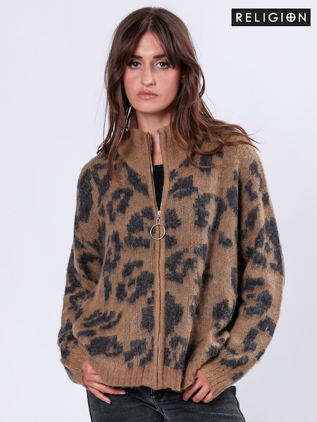 Religion Natural Oversized Zip Up Maximum Cardigan in Leopard Print Jaquard Knit (AJ4667) | € 105