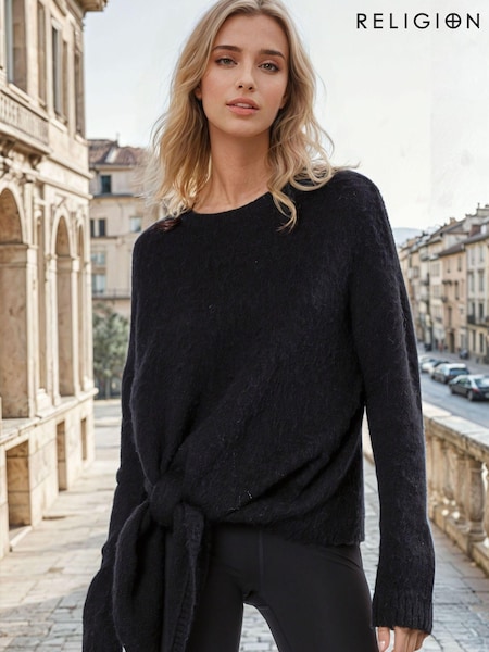 Negru - Religion Reverse Tie Front Jumper in Soft Wool Mix (AJ4668) | 495 LEI