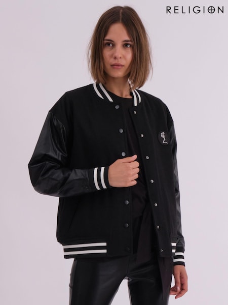 Religion Black Oversized Energy Varsity Jacket with Faux leather sleeves (AJ4670) | €79