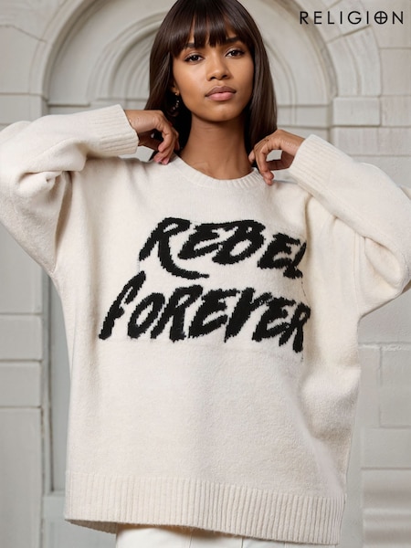 Religion Cream Oversized Rebel Forever Jumper in Soft Yarn (AJ4672) | AED247