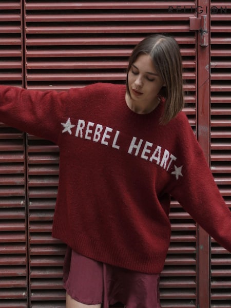 Religion Red Oversized Rebel Heart Jumper with Stars (AJ4673) | €113
