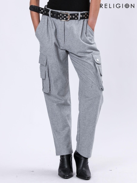 Religion Innocent Wool Flannel Utility Style Cargo Trousers With Patch Pockets (AJ4675) | 354 LEI