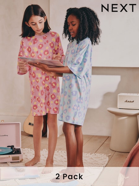 Aqua/Pink - Leopard Print Nighties 2 Pack (3-16yrs) (AJ4691) | 24 € - 34 €