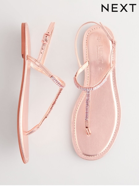 Rose Gold Leather Standard/Wide Fit Forever Comfort® Jewelled T-Bar Toe Thong Sandals (AJ4721) | €41.50