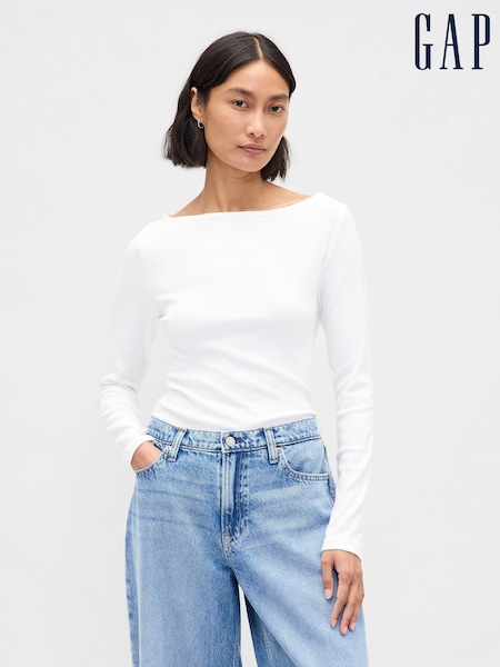 Biały - Gap Modern Boatneck Long Sleeve T-shirt