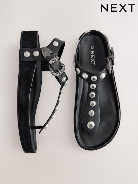 Black Western Studded Toe Thong Footbed Sandals (AJ4758) | €44