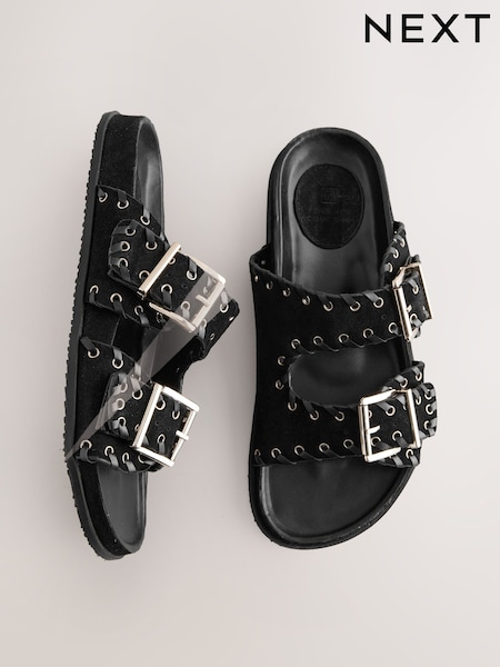 Black Suede Double Strap Eyelet Footbed Sandals (AJ4760) | €66