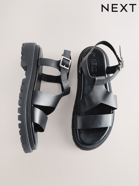 Black Leather Forever Comfort® Chunky Cross Strap Sandals (AJ4780) | R$ 425