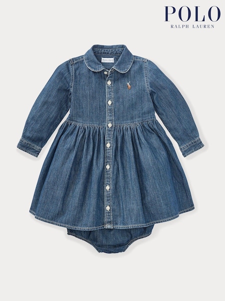 Polo Ralph Lauren Blue Baby Girls Shirred Denim Shirt Dress (AJ4943) | €165