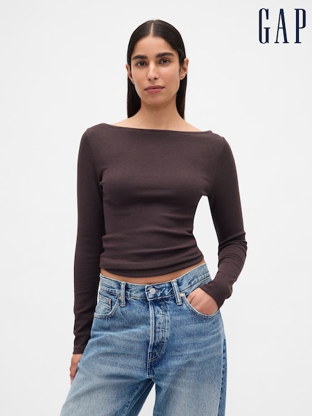 Braun - Gap Modern Boat Neck Long Sleeve T-shirt