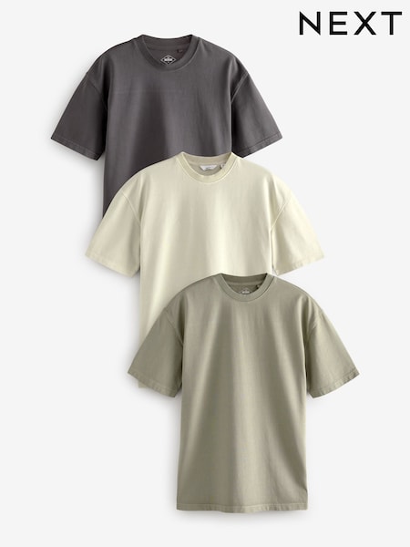 Charcoal Grey/Green/Ecru Garment Dye Relaxed Fit Heavyweight T-Shirts 3 Pack (AJ5055) | €67