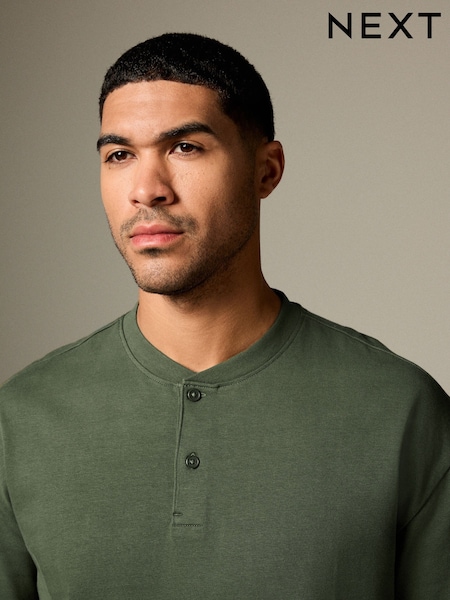Khaki Green Relaxed Fit Heavyweight Grandad Collar 100% Cotton T-Shirt (AJ5057) | € 27